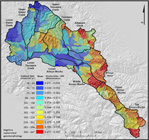 Erosion index and estimated sediment yield (driven by slope gradient and hillslope curvature/convergence) by sub basin in Arroyo Mocho watershed