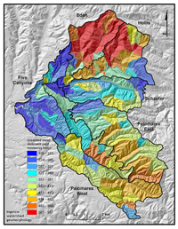 Estimated sediment yield (driven by slope gradient and hillslope curvature/convergence) at the sub basin scale in upper San Lorenzo Creek watershed
