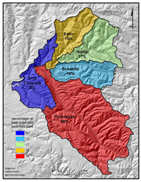 Percentage of total sediment yield (driven by slope gradient and hillslope curvature/convergence) by tributary basin in upper San Lorenzo Creek watershed