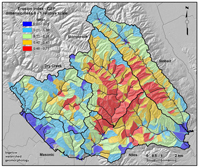 Erosion index (driven by slope gradient and hillslope curvature/convergence) by sub-basin in Dry, Stonybrook, and Sinbad Creek watersheds